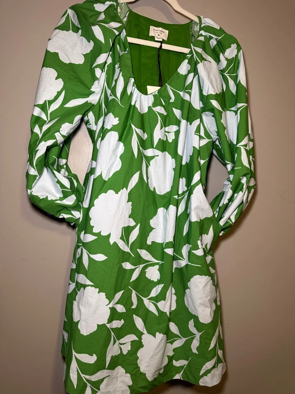 kate spade Green and White Floral Puff-Sleeve Mini Dress - Picture 1 of 11